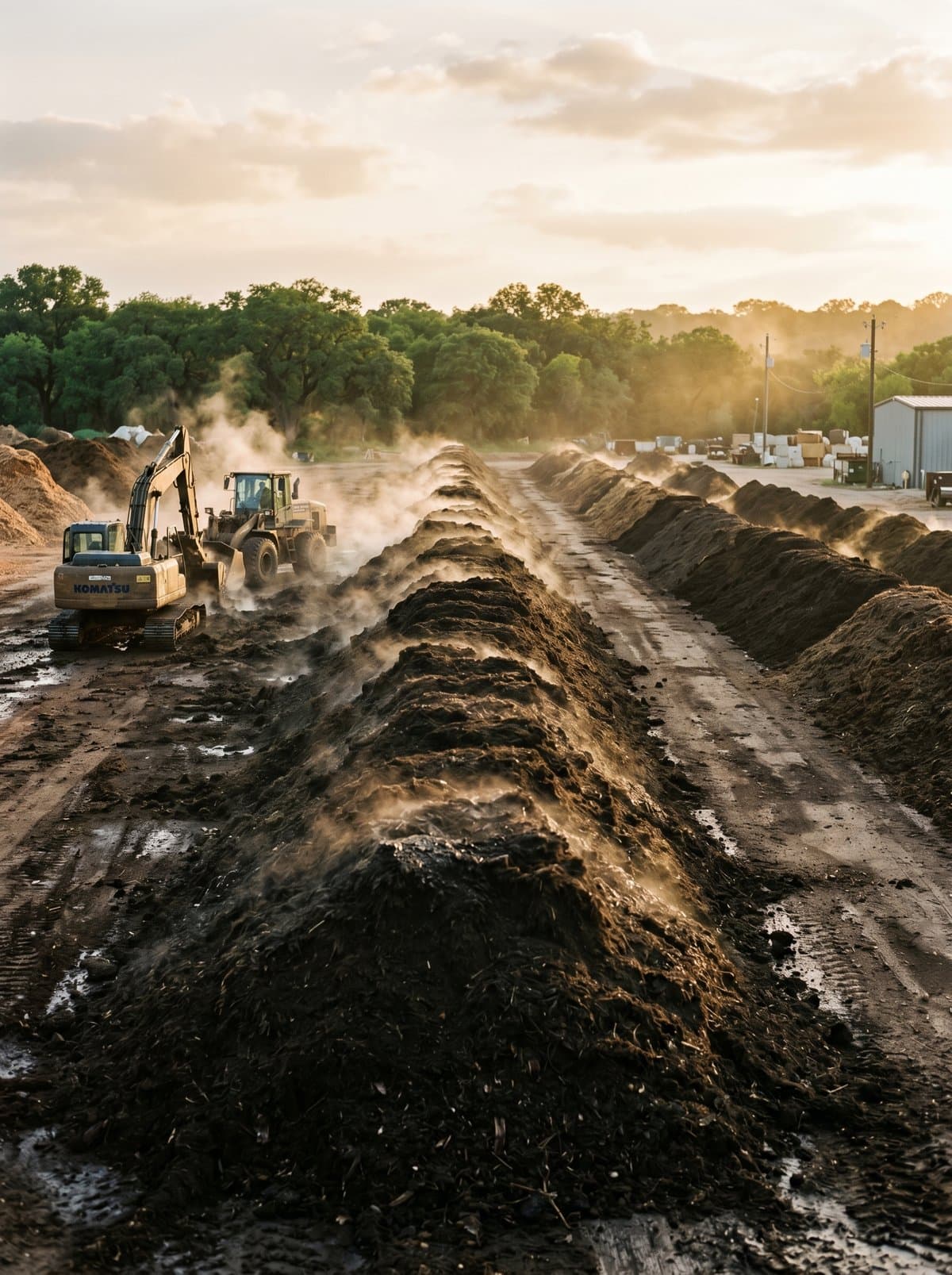 Steaming windrows of coffee compost being turned at the Mayer yard