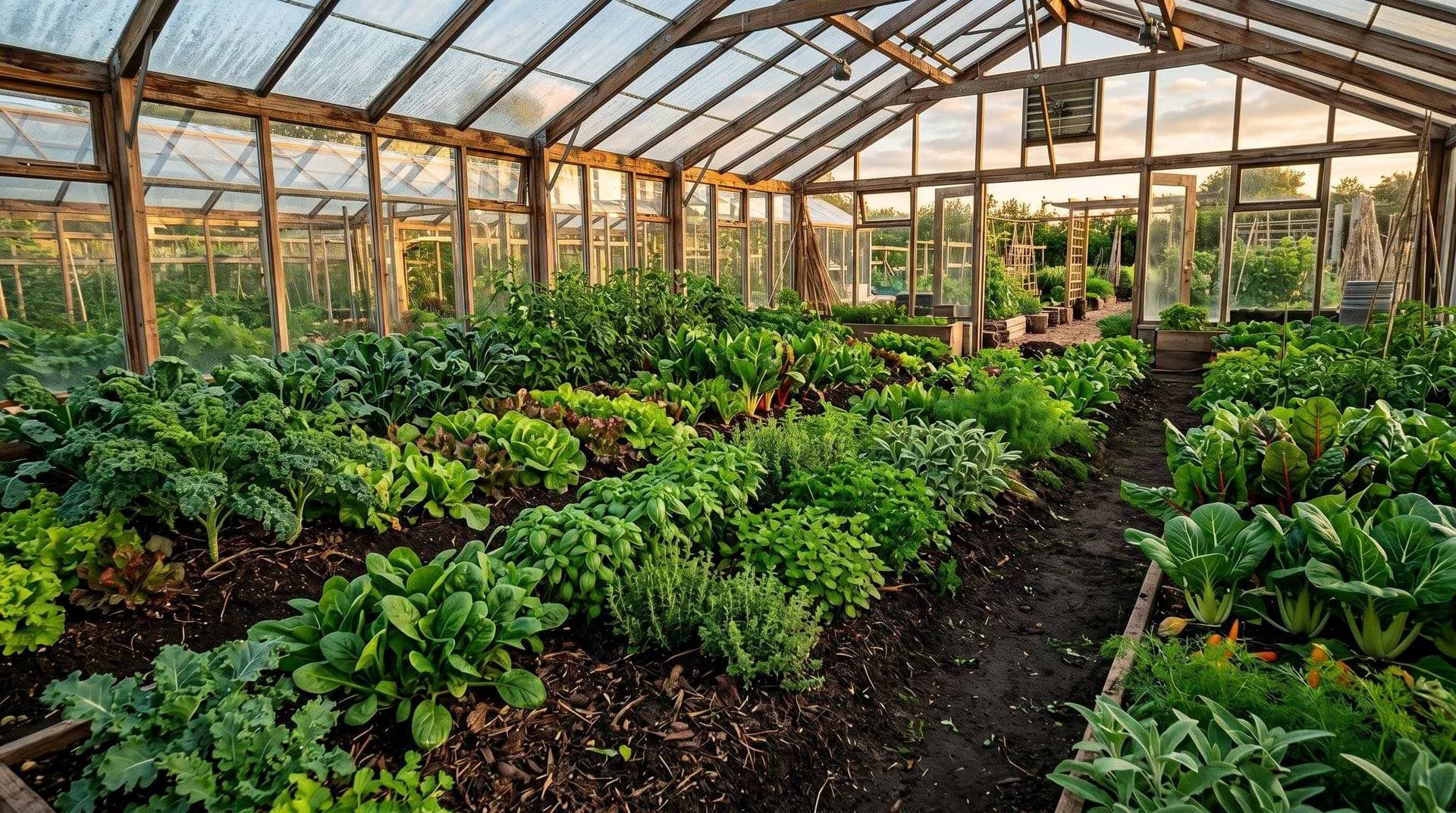 A lush greenhouse full of thriving plants in rich dark soil