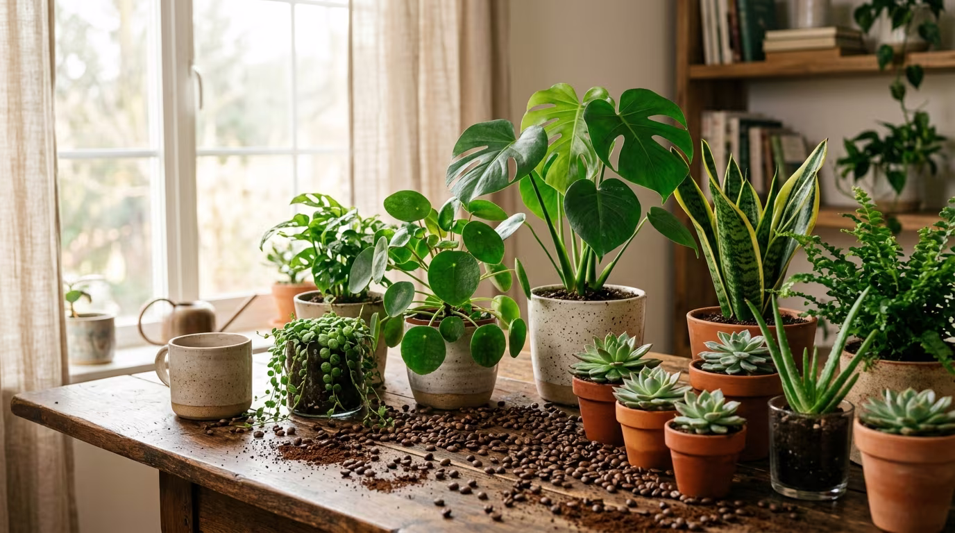 A grouping of lush potted houseplants by a window with coffee beans scattered among the pots