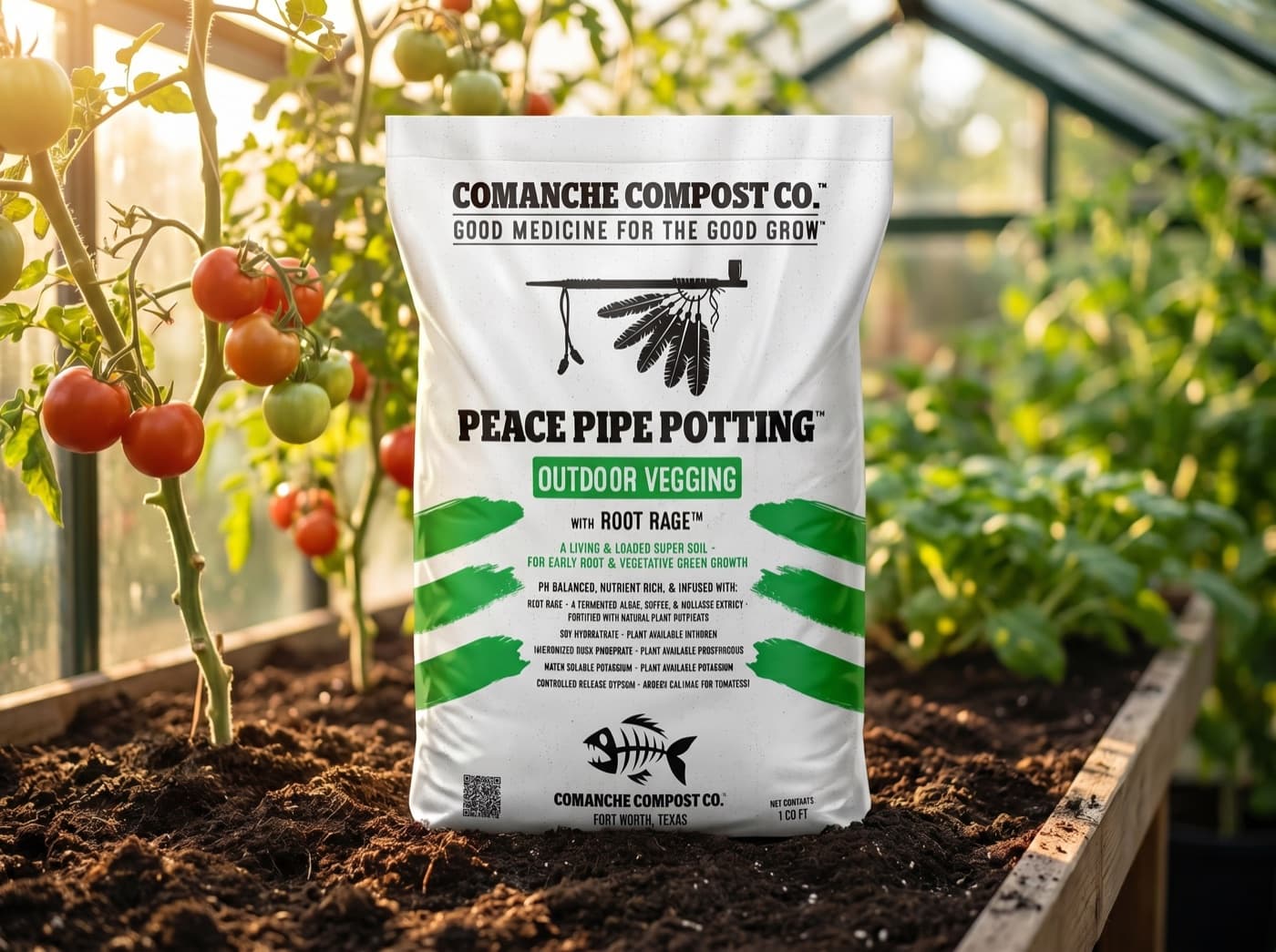 Comanche Compost Peace Pipe Potting bag in a greenhouse with healthy tomato plants
