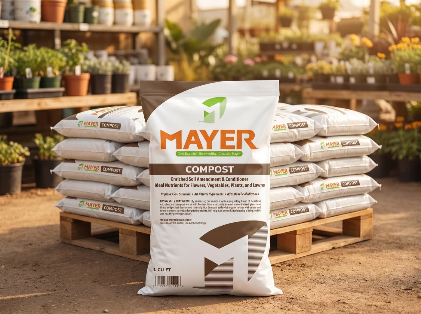 Mayer Compost 1 cubic foot bag in front of a pallet of bags at a nursery